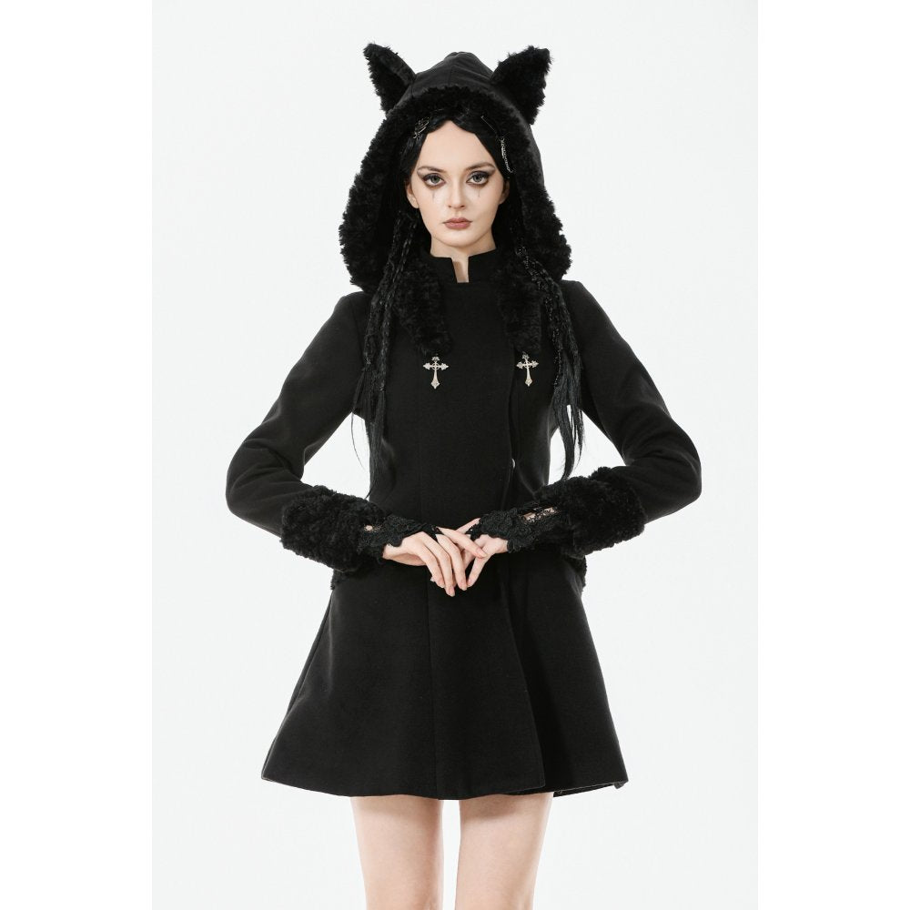 Dark in Love Cat-Ear Faux Fur Trim Gothic Coat