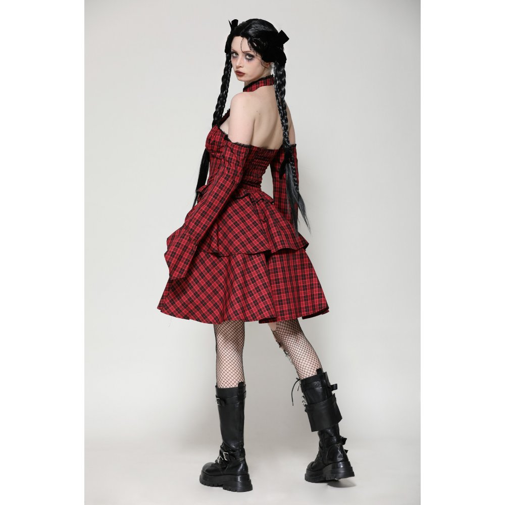 Dark in Love Rosalind Black and Red Tartan Cold Shoulder Halterneck Dress - Kate's Clothing