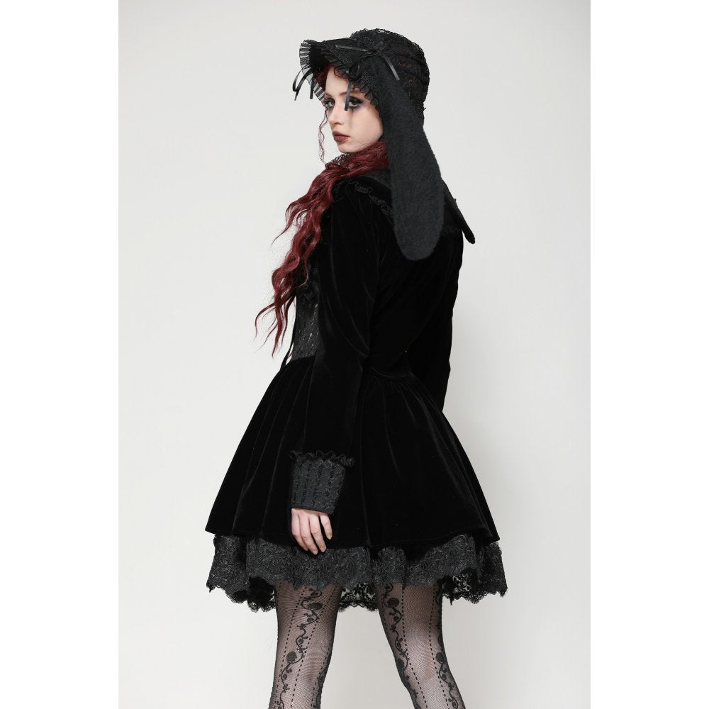 Dark in Love Elowen Black Gothic Lolita Rabbit Ear Bonnet in Rose Lace - Kate's Clothing