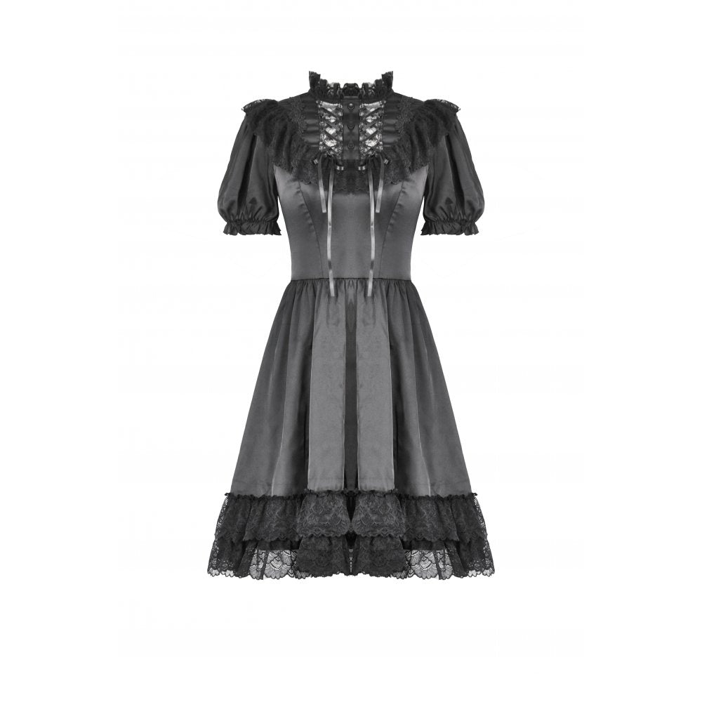 Dark in Love Belladonna Lace-Up High Collar Puff Sleeve Goth Dress in Black