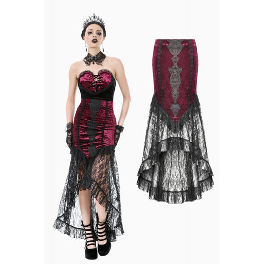 Dark in Love Crimson Queen Lace High-Low Goth Skirt in Burgundy & Black