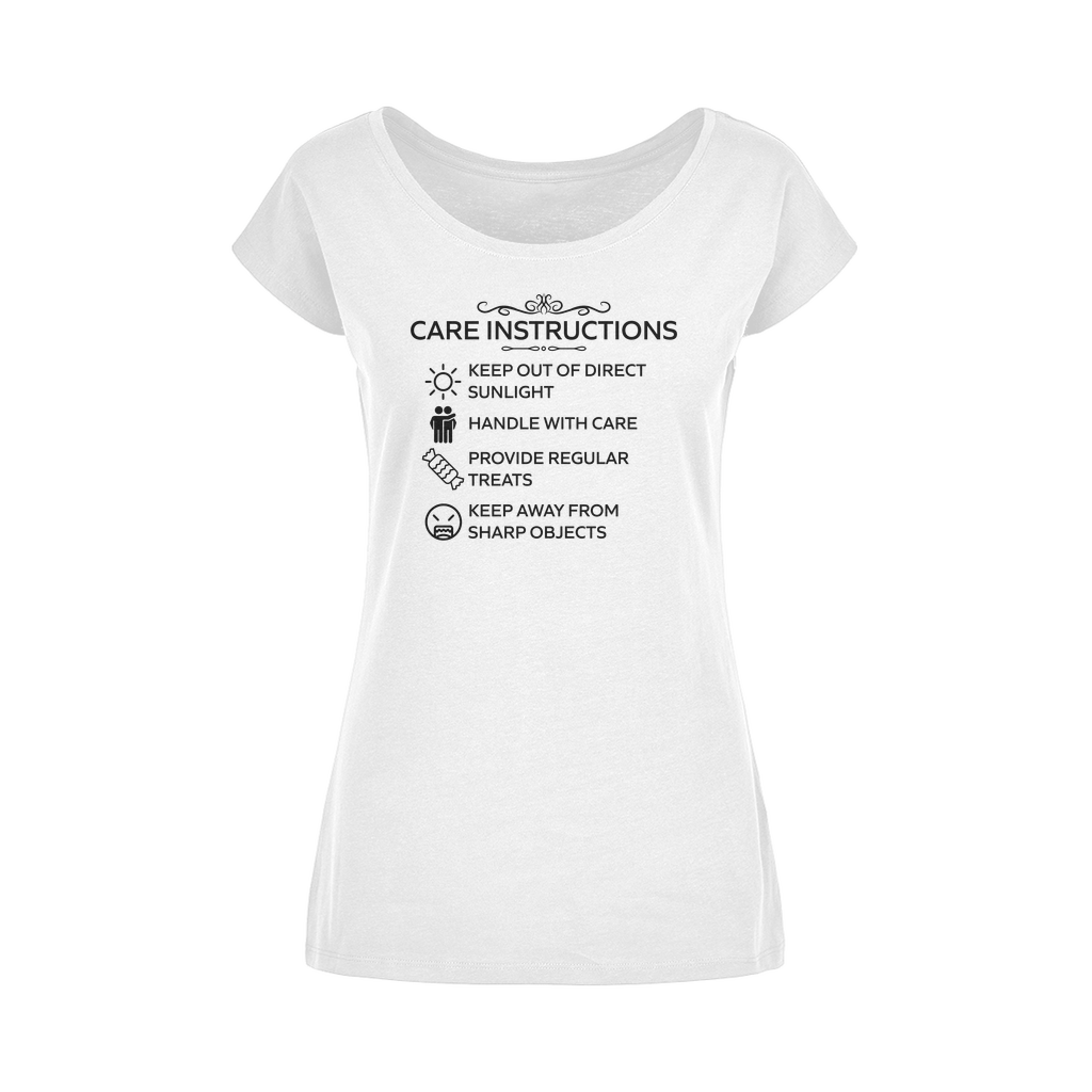 Sassy cotton t-shirt with wide neckline and Care Instructions graphic in white