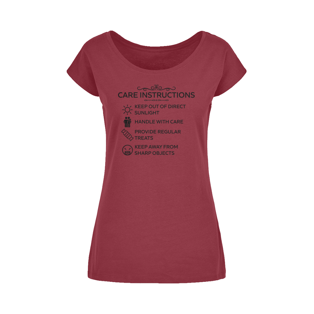 Sassy cotton t-shirt with wide neckline and Care Instructions graphic