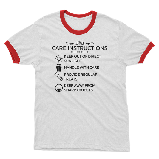 Funny care label design on white and black adult ringer tee
