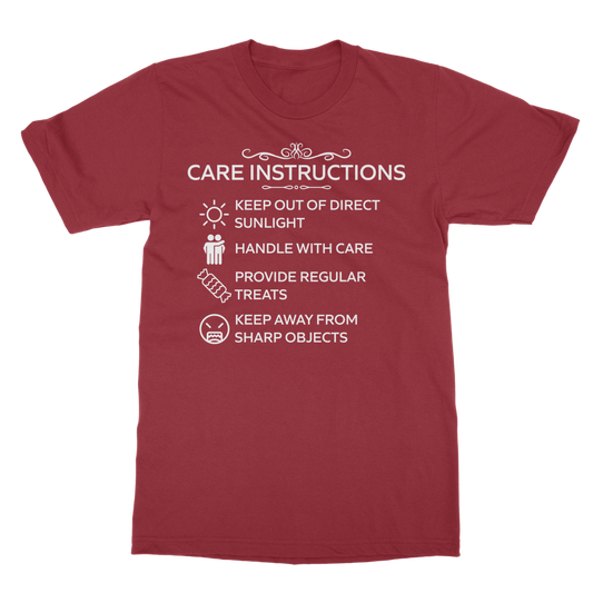 Red unisex tee with funny care label style print