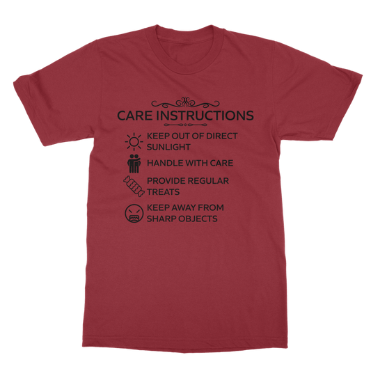 Funny Red gothic “Care Instructions” unisex tee design by Kate