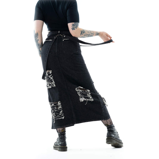 Gothic black denim skirt with distressed rips and front split by Vixxsin