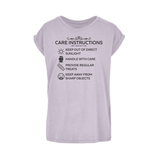 Loose fit women's tee featuring funny care label design by Kate