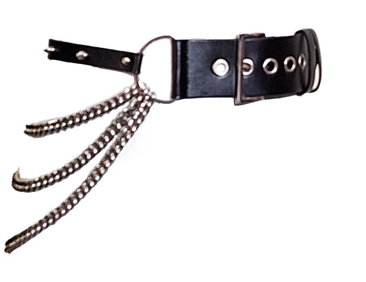 Necessary Evil Nyx asymmetric chain belt close-up showing silver chains buckle and gothic punk waist accessory
