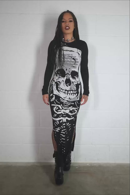 Killstar Spine Chilling Maxi Dress with White Skull Print