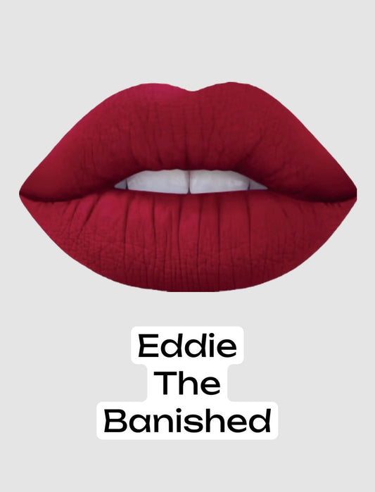 Radioactive Unicorn Eddie Is Banished lipstick swatch matte dark red purple shade with bold alternative style