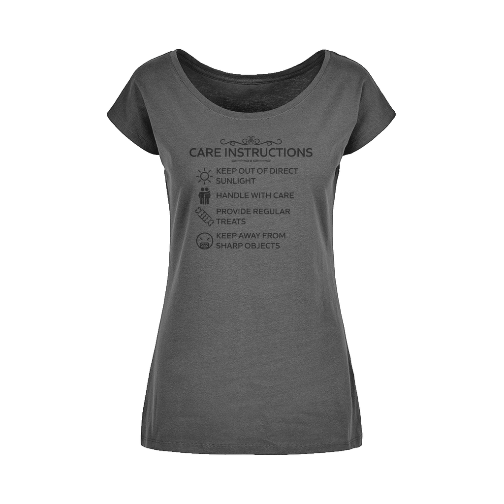 Care Instructions black print on women's relaxed tee by Kate