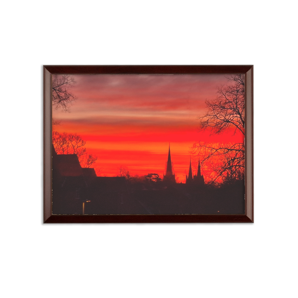 The Ember Hour sublimation wall plaque with cathedral sunset skyline