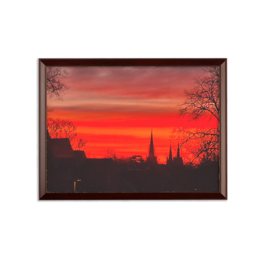 The Ember Hour sublimation wall plaque with cathedral sunset skyline