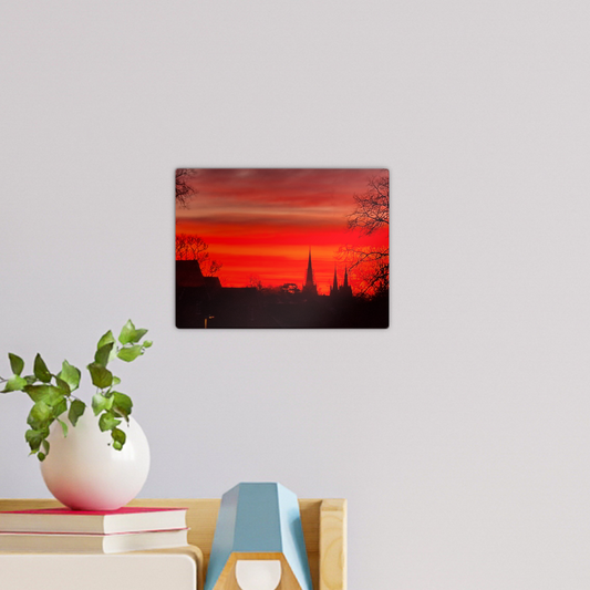 Sunset silhouette wall tile featuring cathedral spires and fiery sky