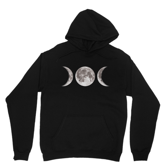 Triple Goddess moon phase hoodie with black background