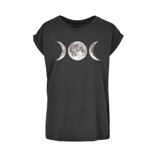 Triple Goddess extended shoulder t‑shirt with moon phases