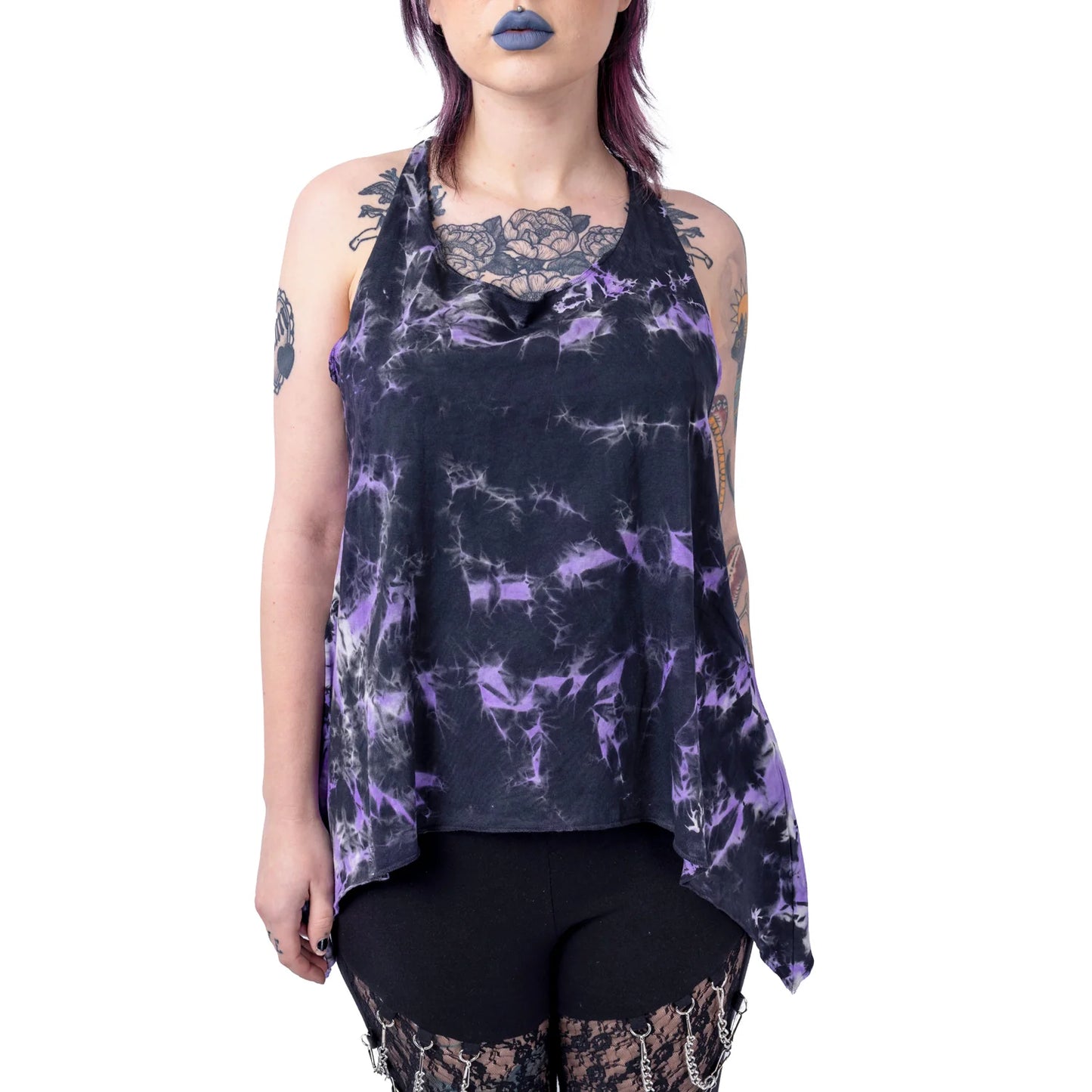 Innocent Lifestyle Black and Purple Tie Dye Tye Knot Top - Kate's Clothing