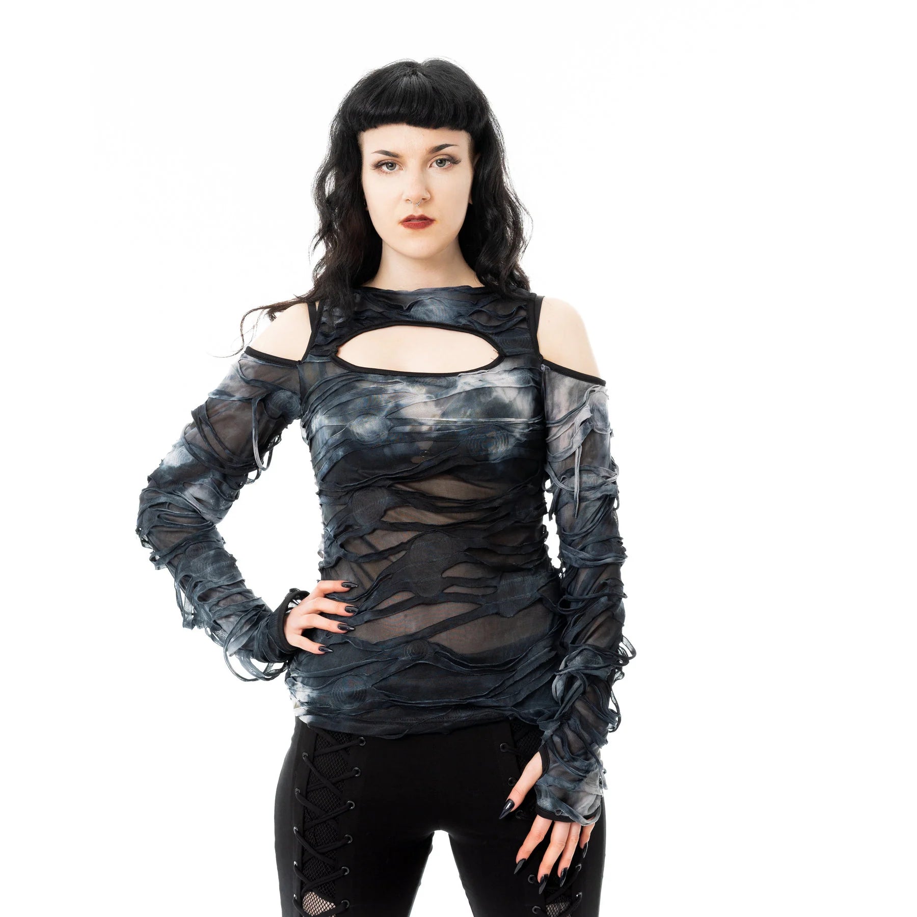 Viola Goth Top - Grey Shredded Mesh Cold Shoulder | Chemical Black