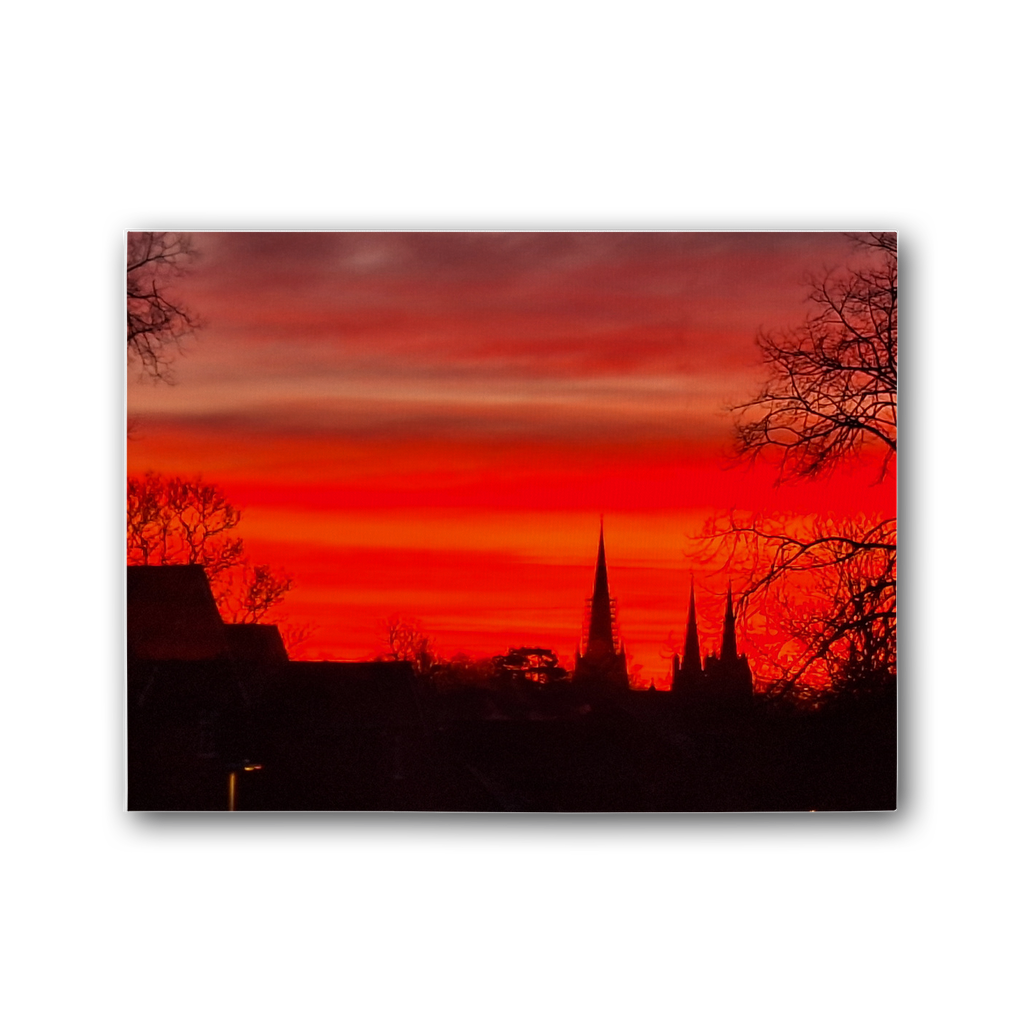 Crimson sunset art print on satin-matte canvas with pine frame
