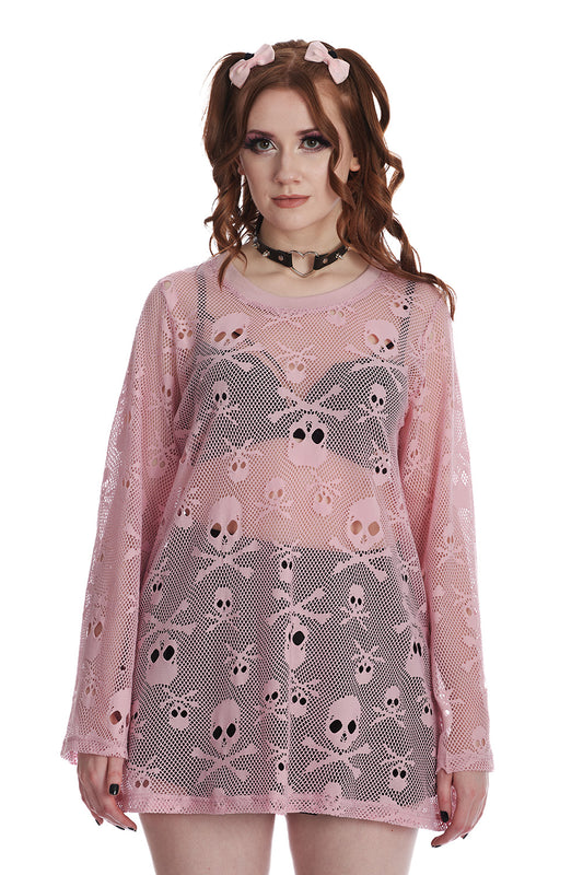 Banned BFF Net Top in Pink Skull and Crossbones Net - Kate's Clothing