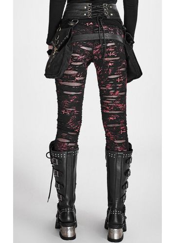 Gothic leggings distressed mesh detail - Lara red splatter rips tears Punk Rave alternative