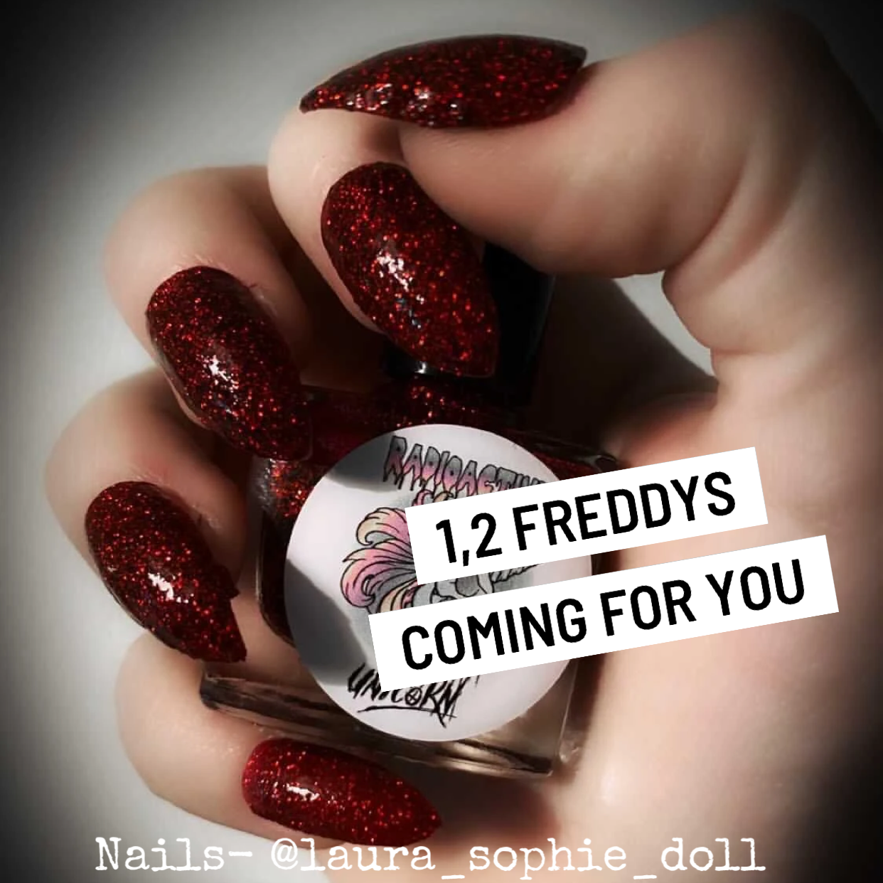 1, 2 Freddy's Coming For You stunning deep red nail polish by Radioactive Unicorn