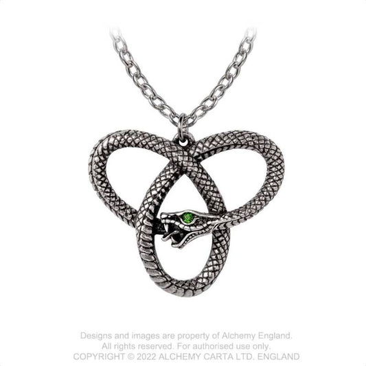 Alchemy Gothic Eve's Triquetra pendant front view coiled snake triquetra knot necklace with green fern crystals
