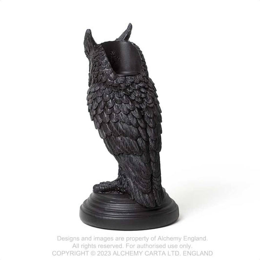 Alchemy Gothic Owl of Astrontiel candlestick holder front view detailed resin owl gothic home decor