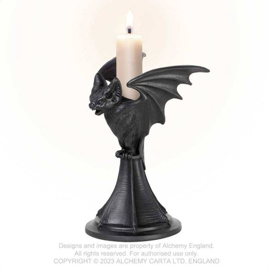 Alchemy Gothic Vespertilio bat candlestick holder front view gothic bat wings candle holder resin decor