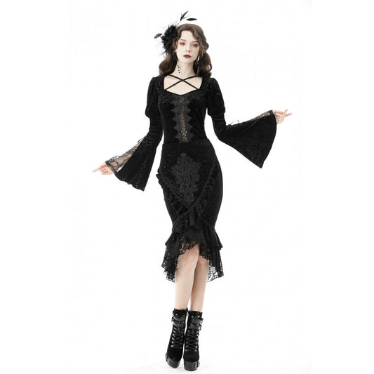 Dark in Love Zira velvet fishtail skirt front and back view showing lace applique and corset ribbon lacing