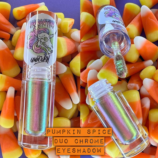 Radioactive Unicorn Pumpkin Spice liquid eyeshadow metallic orange duochrome used on lips with shimmering finish