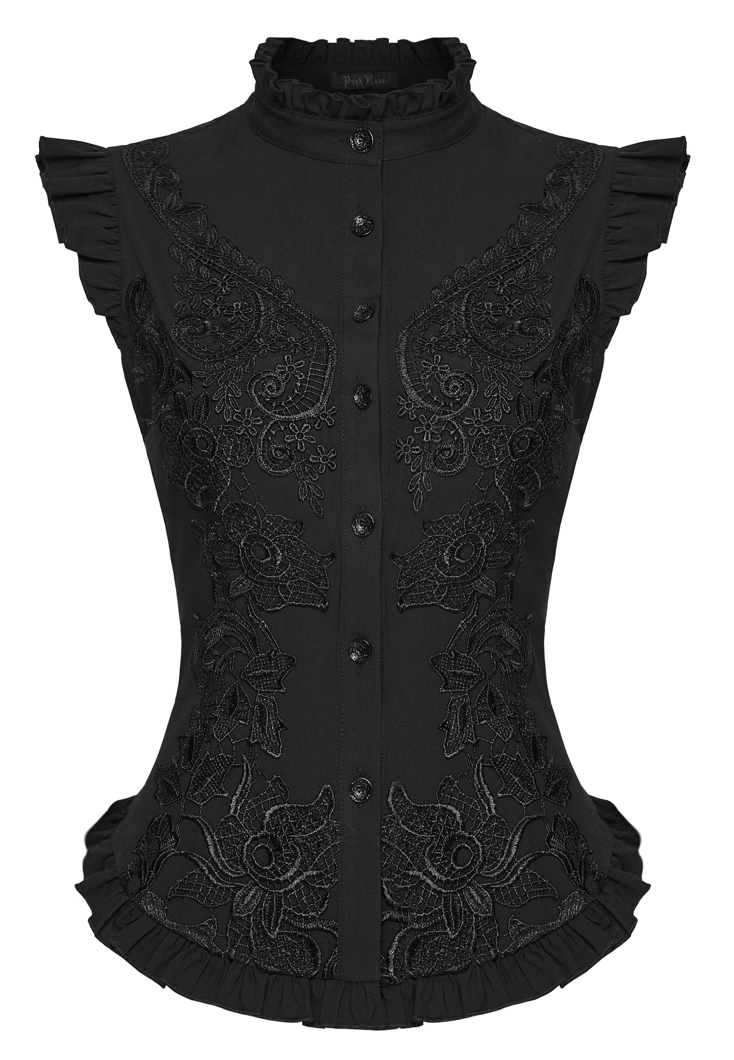 Goth ruffle shirt with intricate embroidery and structured design, showcasing a bold gothic style.