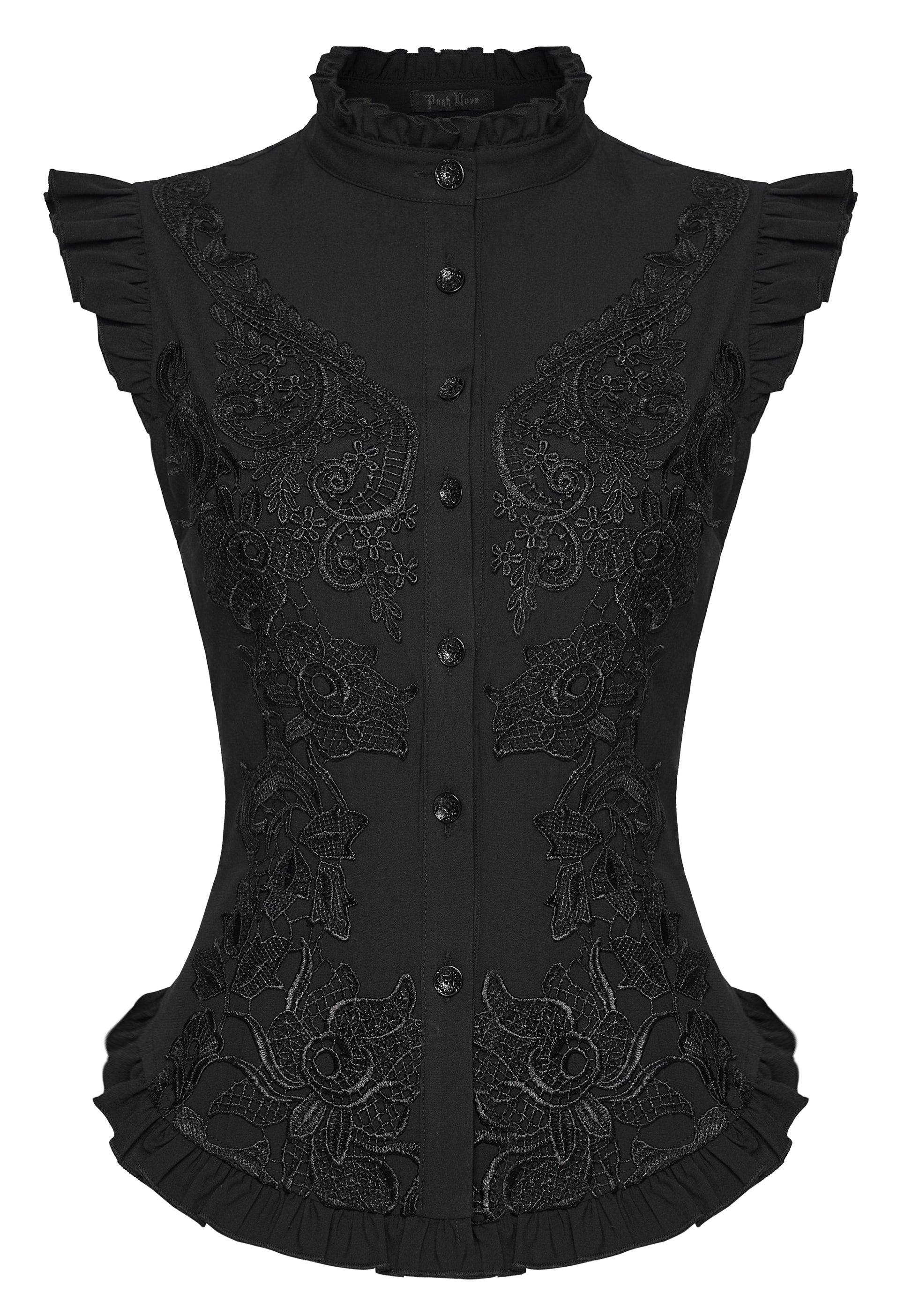 Goth ruffle shirt with intricate embroidery and structured design, showcasing a bold gothic style.