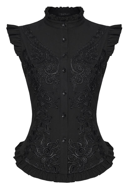 Goth ruffle shirt with intricate embroidery and structured design, showcasing a bold gothic style.