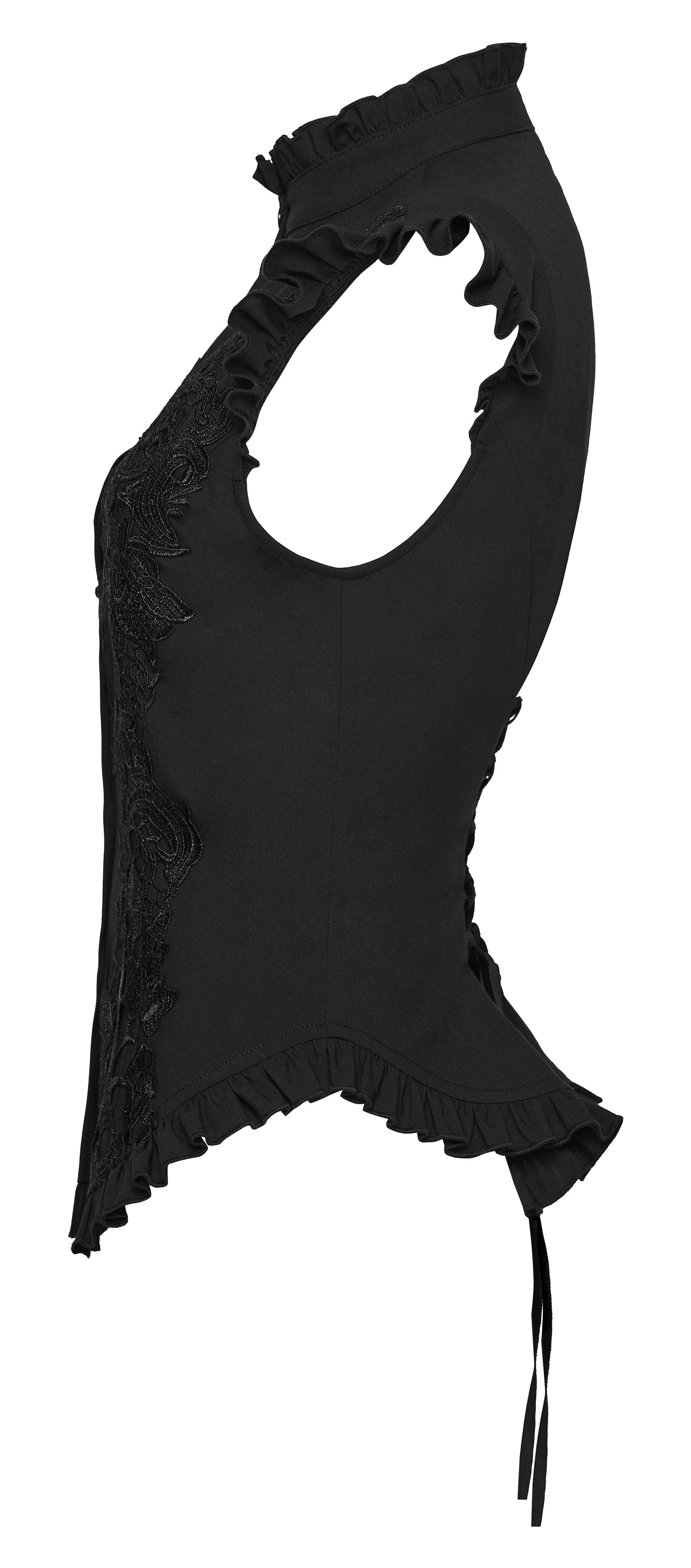 Goth ruffle shirt with Victorian drama and intricate embroidery, showcasing a punk rave design.
