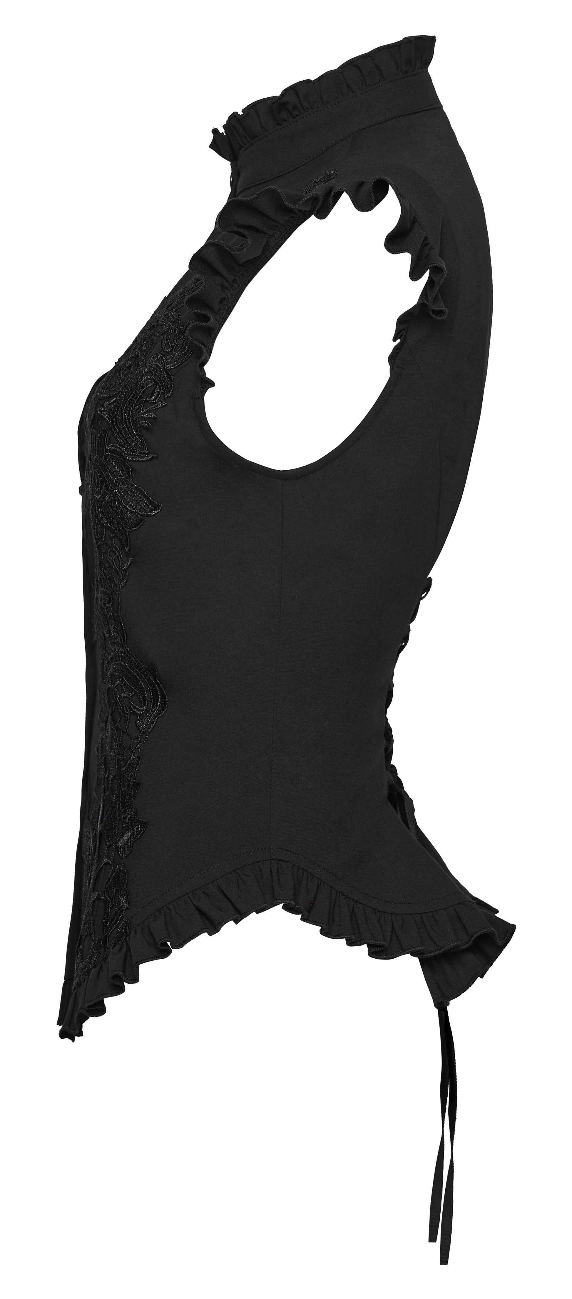 Goth ruffle shirt with Victorian drama and intricate embroidery, showcasing a punk rave design.