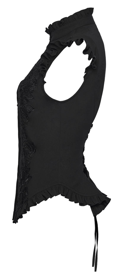 Goth ruffle shirt with Victorian drama and intricate embroidery, showcasing a punk rave design.