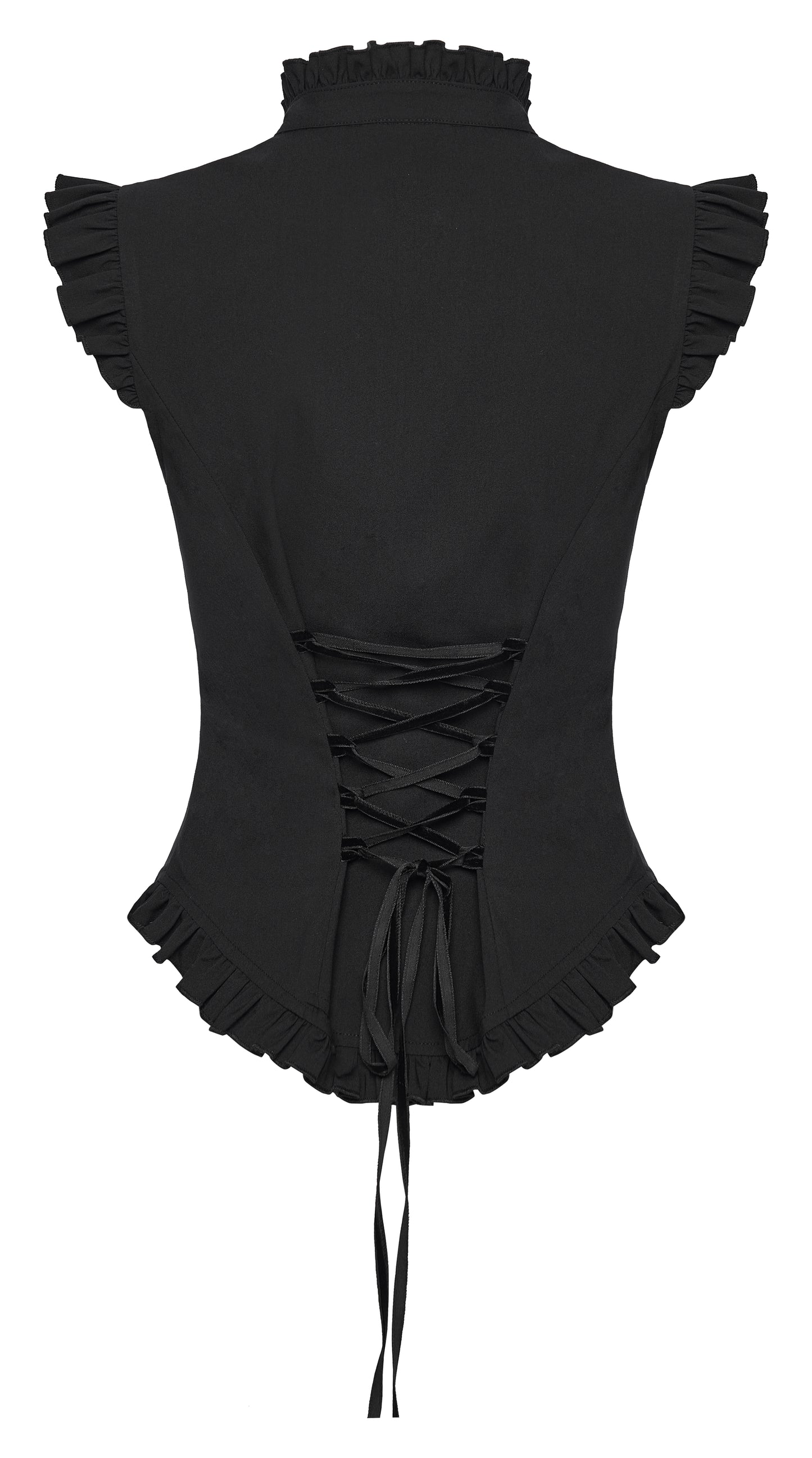 Goth ruffle shirt showcasing the back design with lace-up detail and ruffled edges, perfect for punk-inspired fashion.
