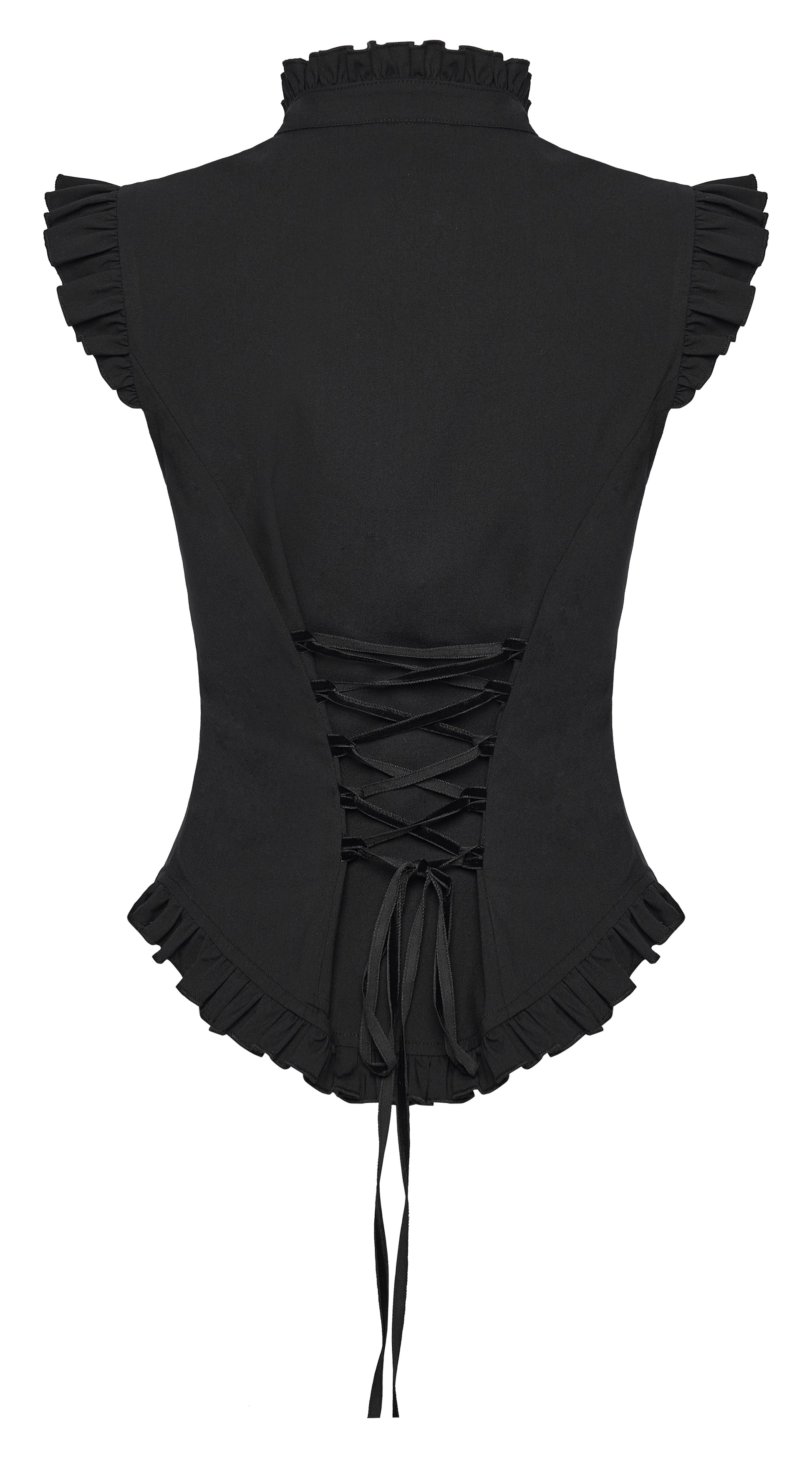 Goth ruffle shirt showcasing the back design with lace-up detail and ruffled edges, perfect for punk-inspired fashion.