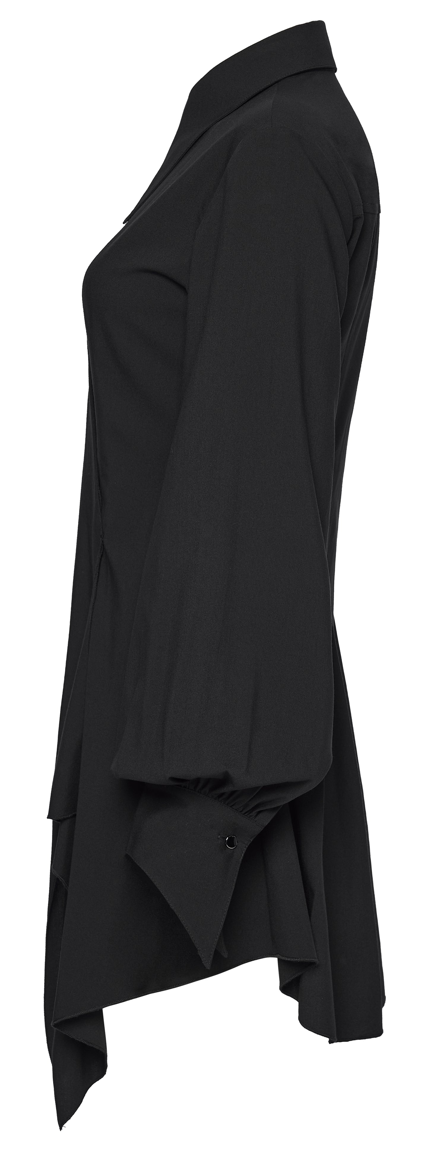 Punk Rave Nyx Asymmetrical Shirt Dress showcased from the side view, highlighting its sharp tailoring and elegant silhouette.
