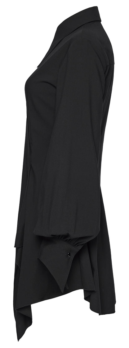 Punk Rave Nyx Asymmetrical Shirt Dress showcased from the side view, highlighting its sharp tailoring and elegant silhouette.