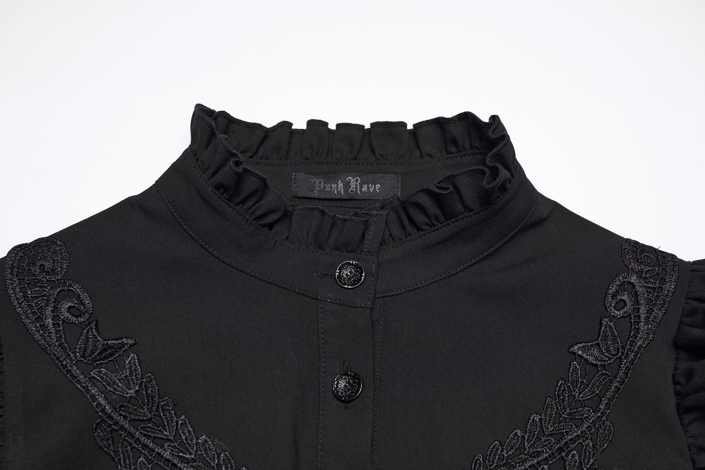 Goth ruffle shirt from Punk Rave featuring intricate embroidery and a high ruffled neckline for a dramatic gothic look.