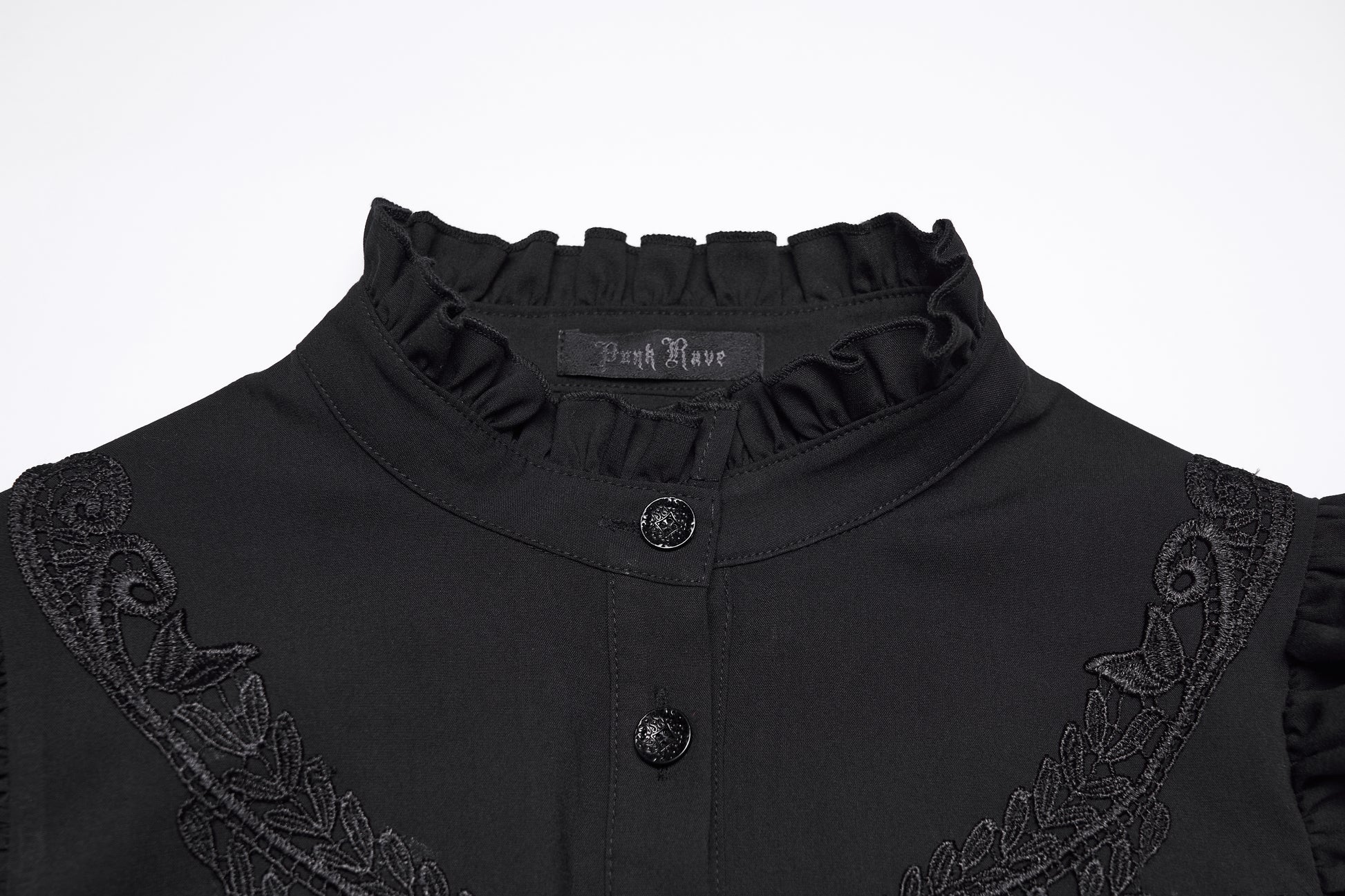 Goth ruffle shirt from Punk Rave featuring intricate embroidery and a high ruffled neckline for a dramatic gothic look.