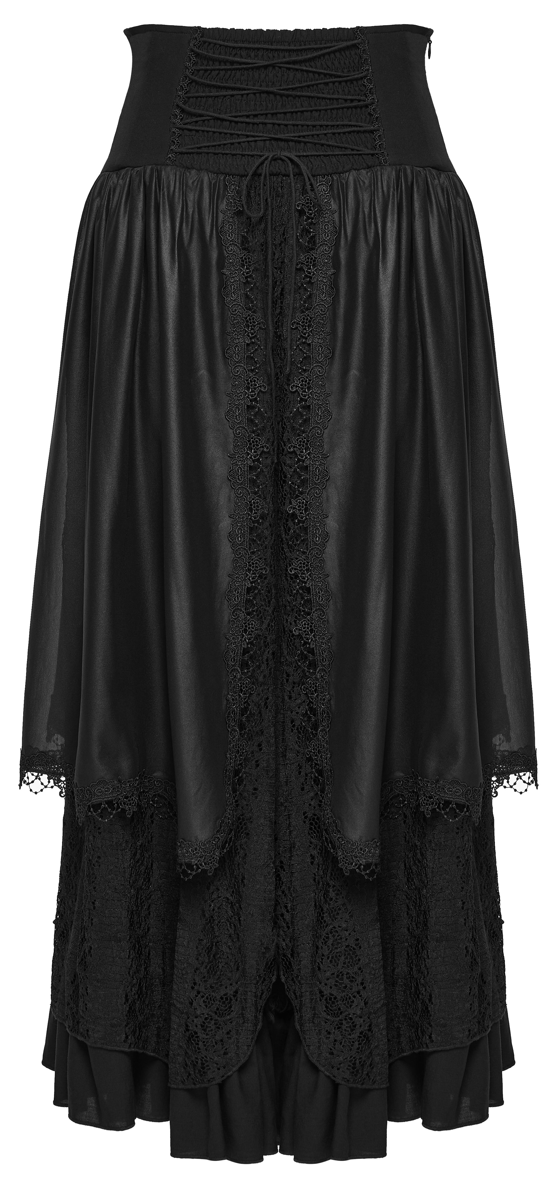Goth layered skirt featuring flowing layers and intricate lace details, perfect for dark romantic styles.