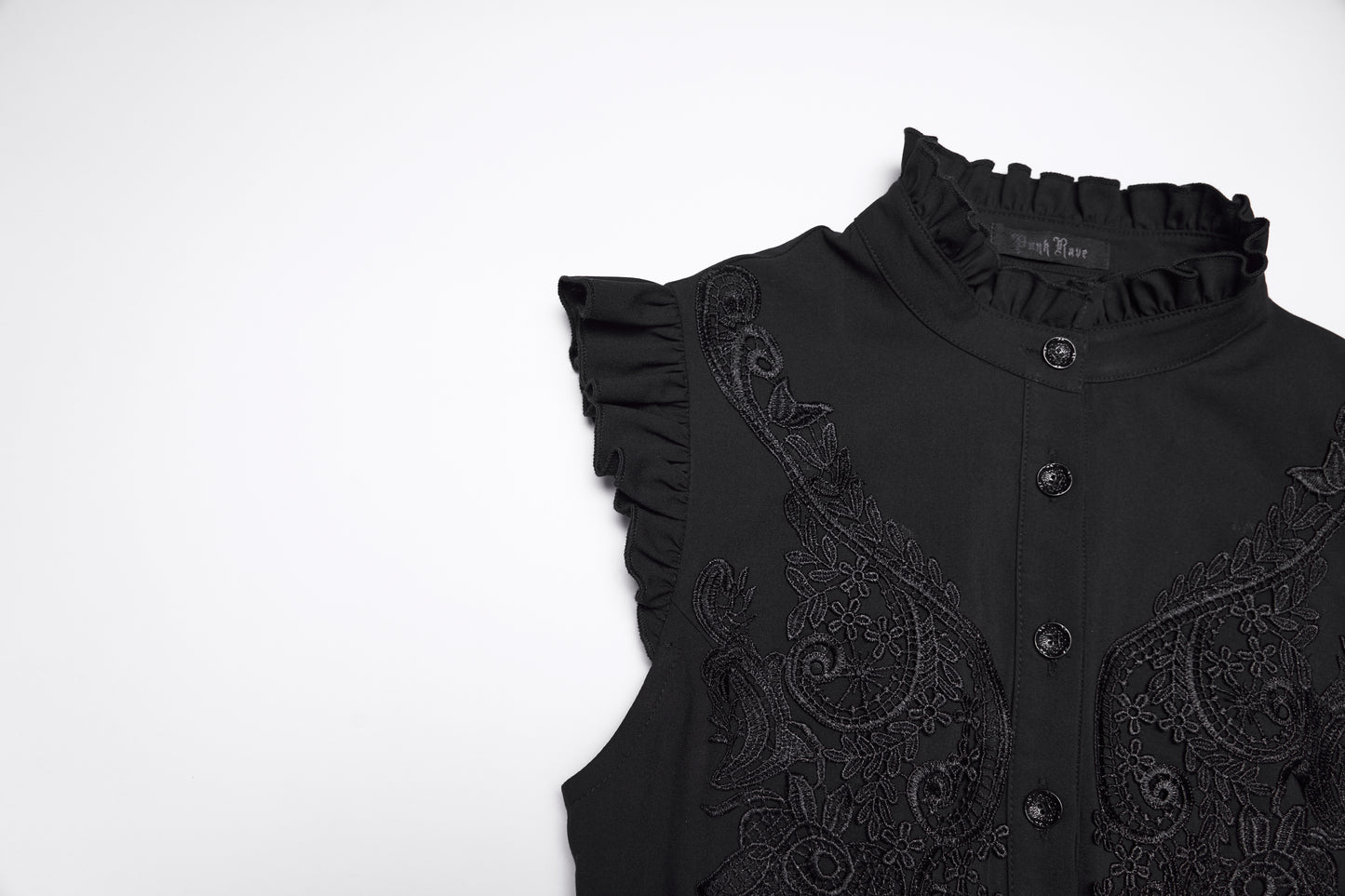 Goth ruffle shirt featuring intricate embroidery and structured design, embodying vintage elegance with a modern gothic edge.