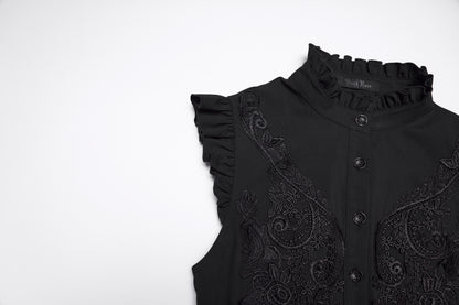 Goth ruffle shirt featuring intricate embroidery and structured design, embodying vintage elegance with a modern gothic edge.