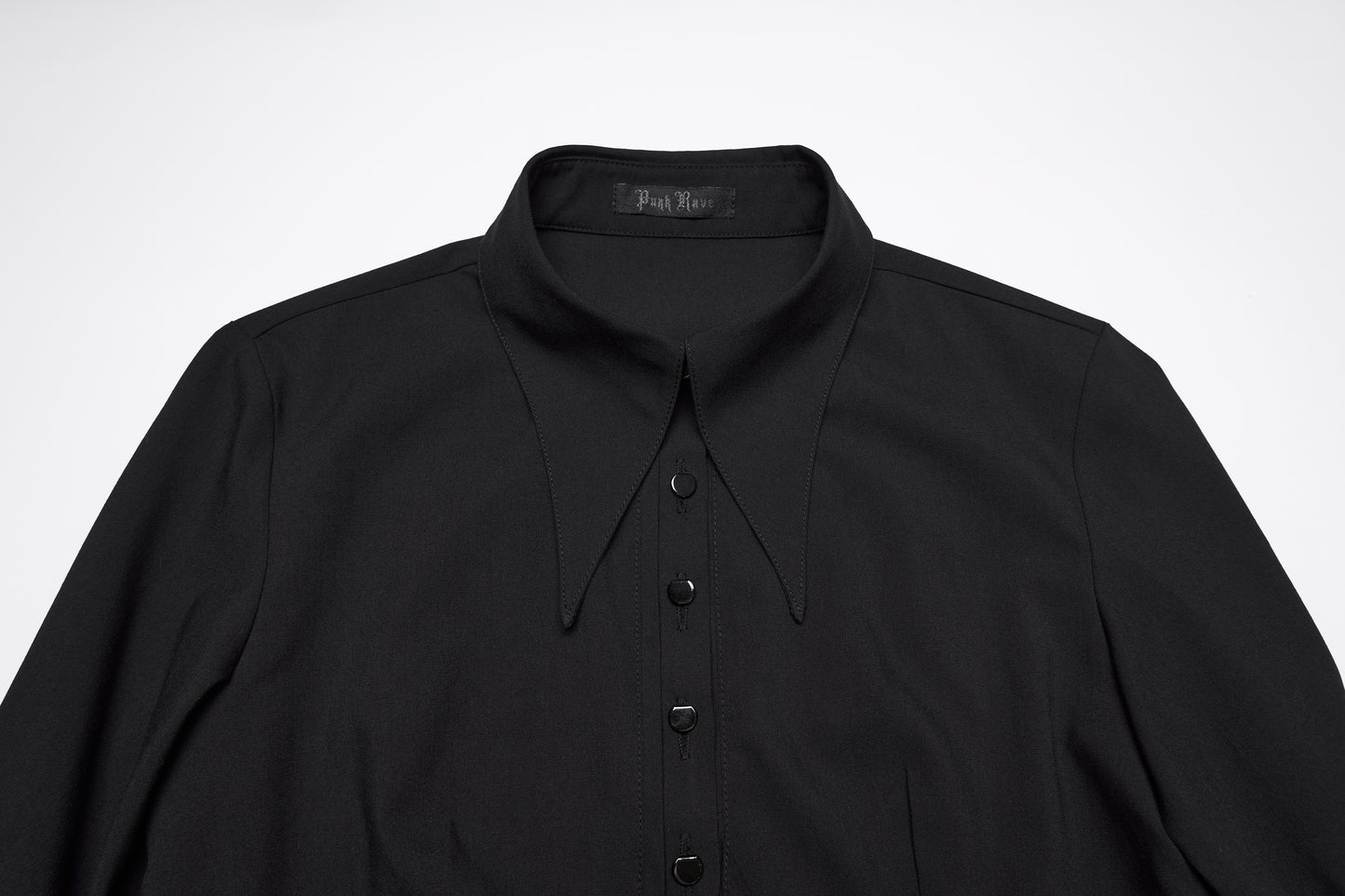Punk Rave Nyx Asymmetrical Shirt Dress close-up showing collar and buttons in black fabric.