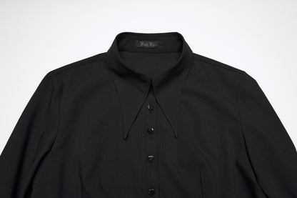 Punk Rave Nyx Asymmetrical Shirt Dress close-up showing collar and buttons in black fabric.