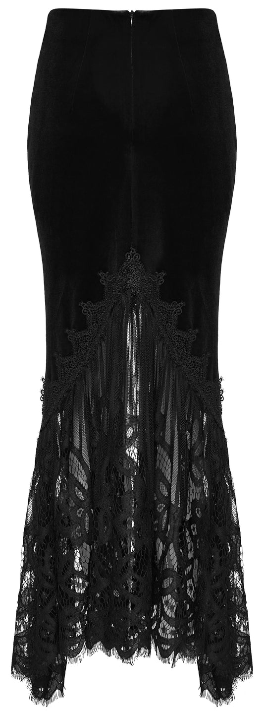 Punk Rave Selene Goth Velvet Lace Fishtail Skirt showcasing intricate lace hem and luxurious velvet fabric.